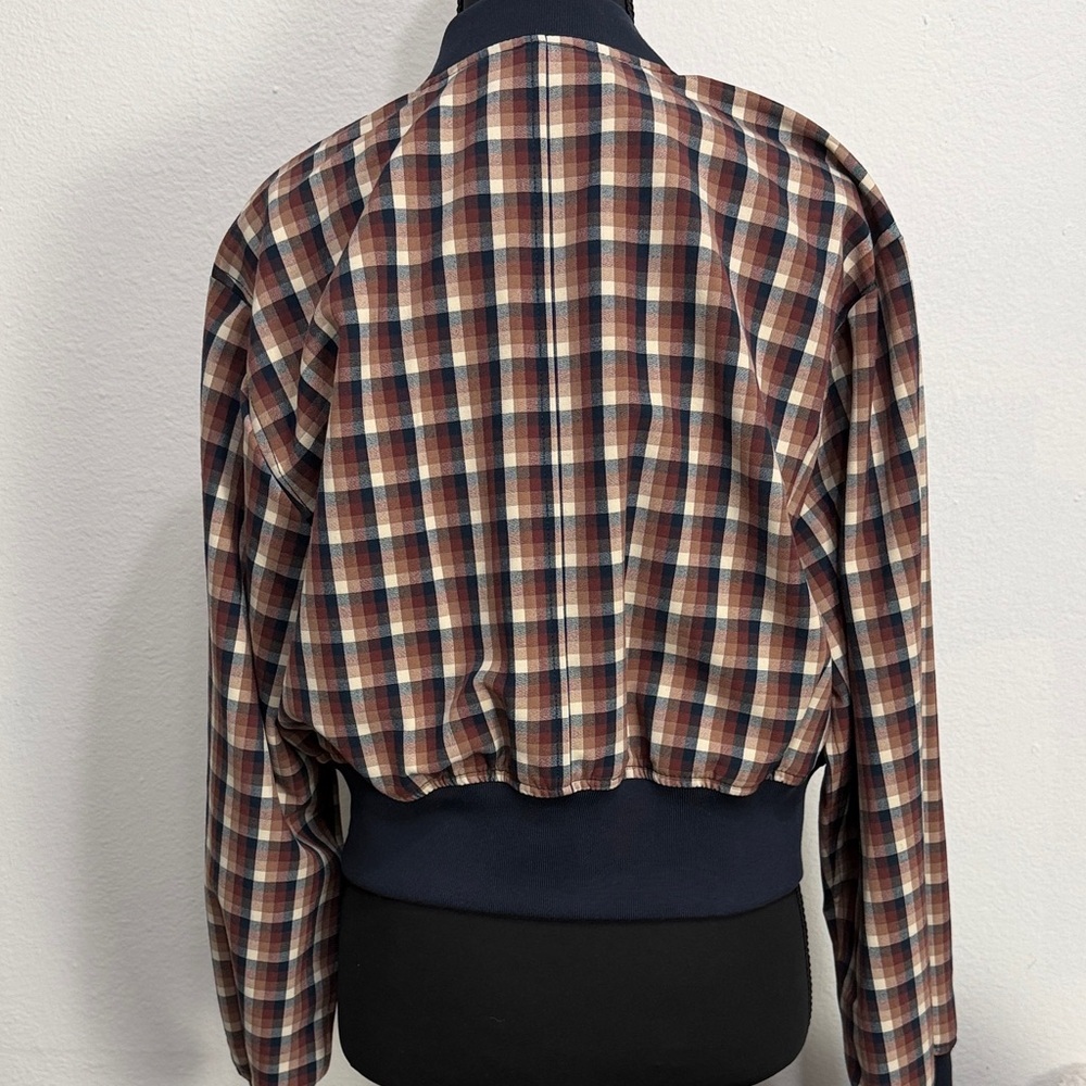 Kenneth‎ Cole Women's Chequered Cropped Bomber Jacket in Russet/Dark Navy Multi - Picture 11 of 13